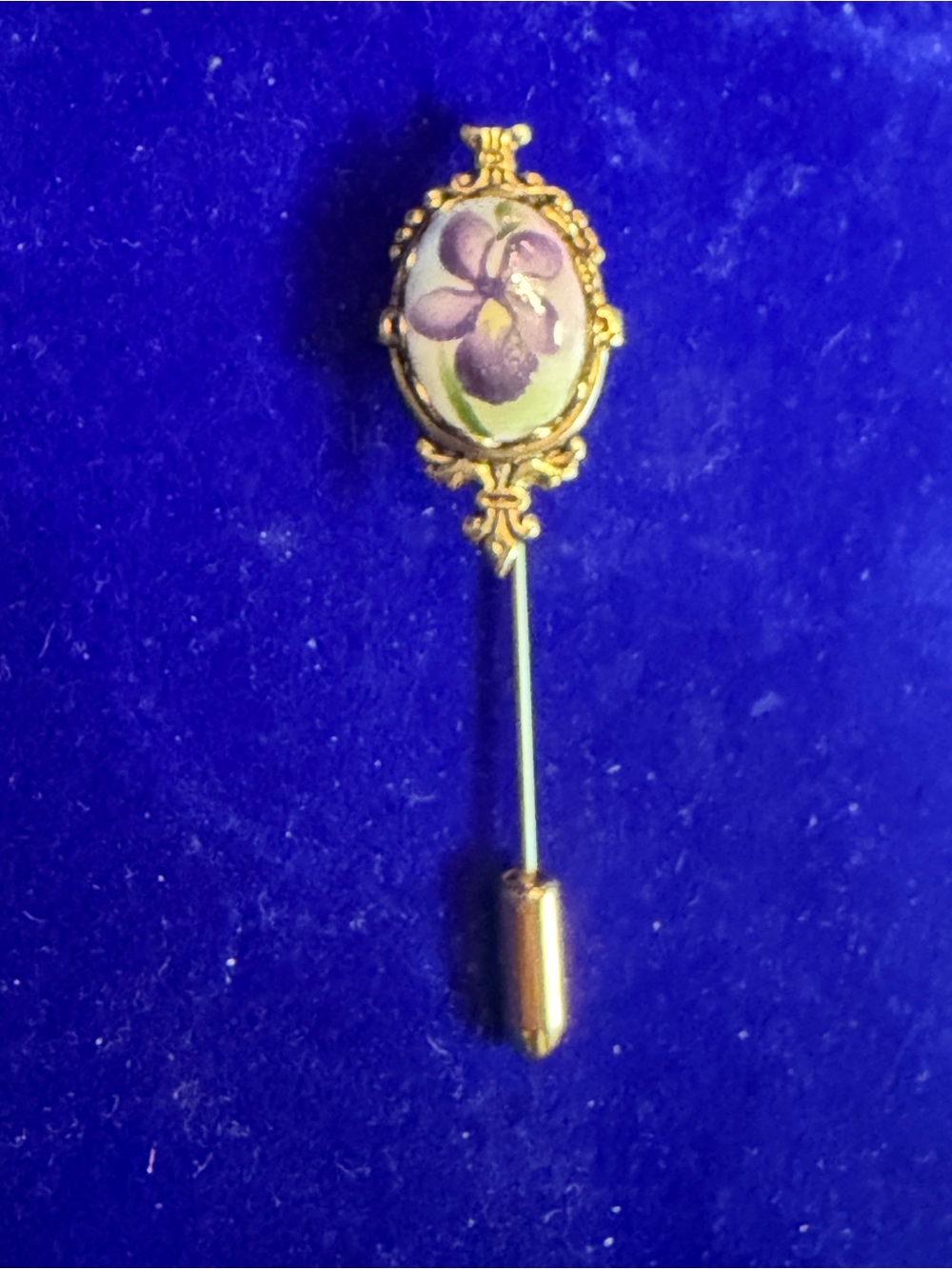 Vintage Porcelain Purple Pansy Stick Pin Hat Pin